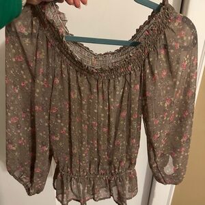 easel Olive Off-Shoulder Floral Blouse with Pink Accents